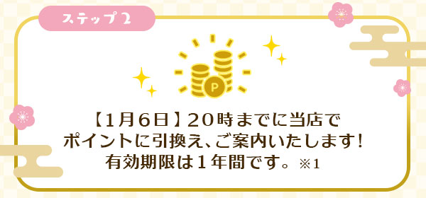 ステップ2【1月5日20時】までに当店でポイントに引換え、ご案内いたします!有効期限は1年間です。※1